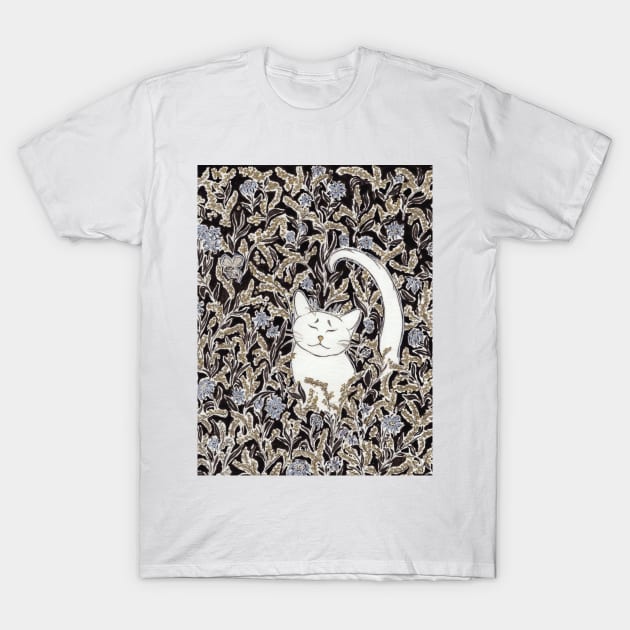 Black Neko named Nana with detailed Gold and Blue Floral Pattern Background T-Shirt by paintingbetweenbooks